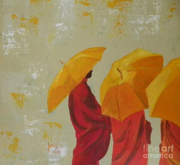 Monks Poster featuring the painting Tree Monks With Umbrella by Jolanta Shiloni