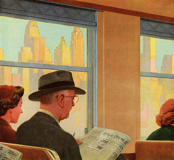 Accessories Poster featuring the drawing Man Reading on Train #1 by CSA Images