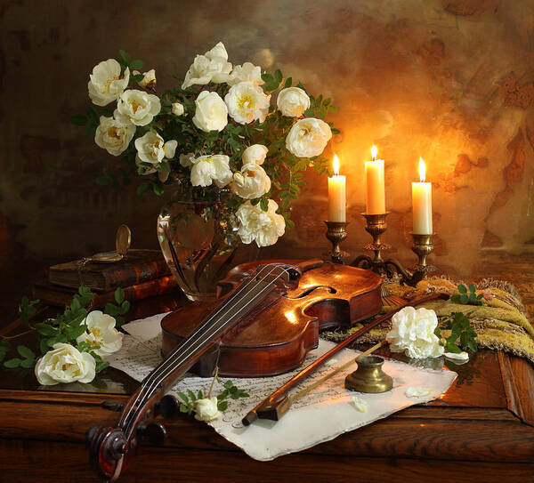 Flowers Poster featuring the photograph Still Life With Violin And Flowers by Andrey Morozov