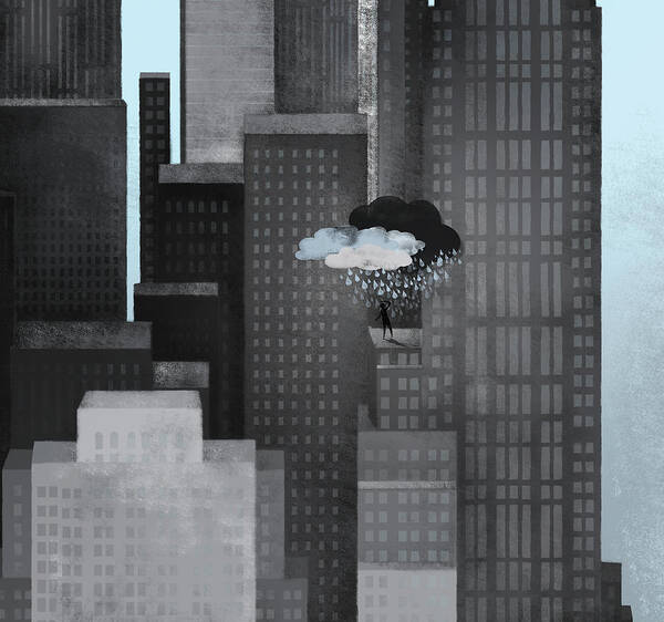 Problems Poster featuring the digital art A Person On A Skyscraper Under A Storm by Jutta Kuss