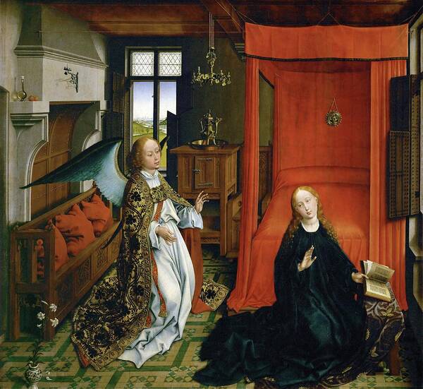 Archangel Gabriel Poster featuring the painting Annunciation. Center panel of a triptych, from an altar from the church in Chieri, near Torino. by Rogier van der Weyden -c 1399-1464-