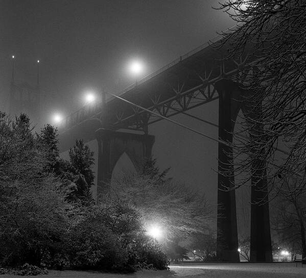 Tranquility Poster featuring the photograph St. Johns Bridge On Snowy Evening by Zeb Andrews