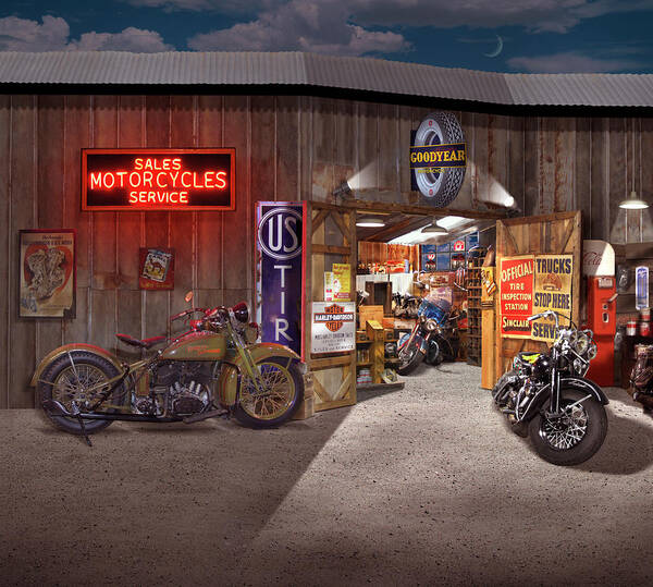 Motorcycle Shop Poster featuring the photograph Outside the Motorcycle Shop by Mike McGlothlen