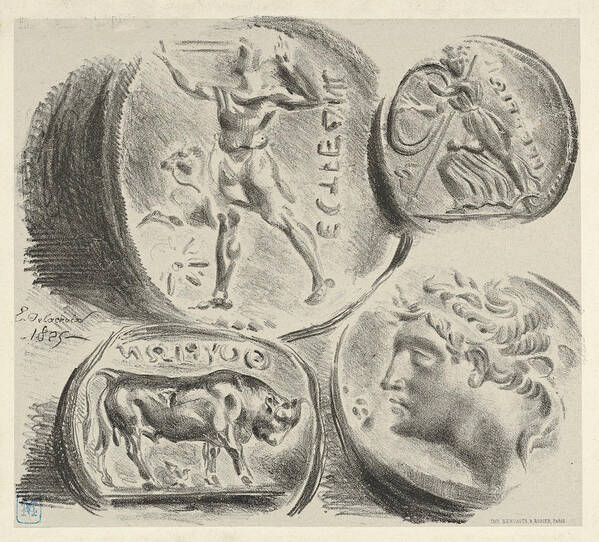 Eugene Delacroix Poster featuring the drawing Studies of Four Greek Coins by Eugene Delacroix