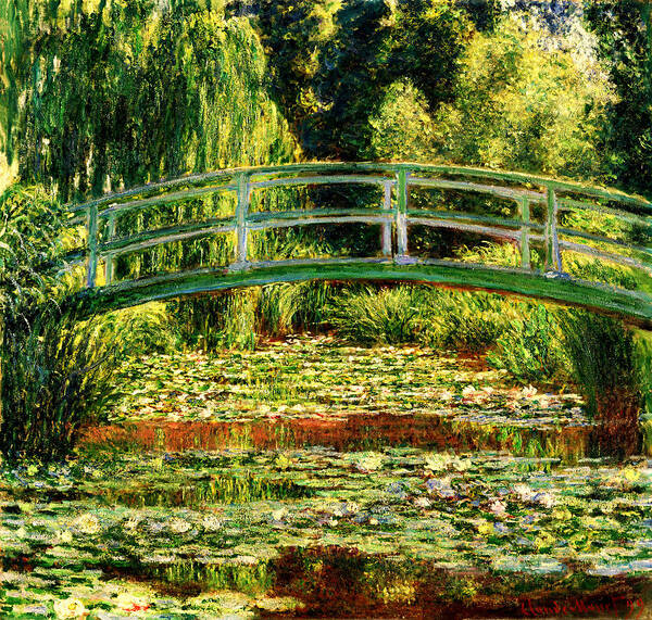 Japanese Footbridge And The Water Lily Pool Poster featuring the digital art The Japanese Footbridge and the Water Lily Pool, Giverny - by Claude Monet - digital enhancement by Nicko Prints