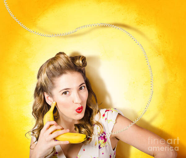 Comic Poster featuring the photograph Gossiping retro pin up girl on fruit phone #1 by Jorgo Photography