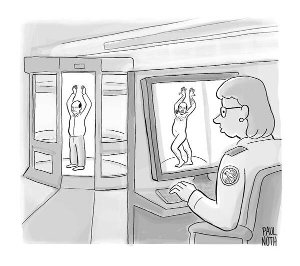 Captionless Airport Poster featuring the drawing A Man At Tsa Security Stands In An X-ray by Paul Noth