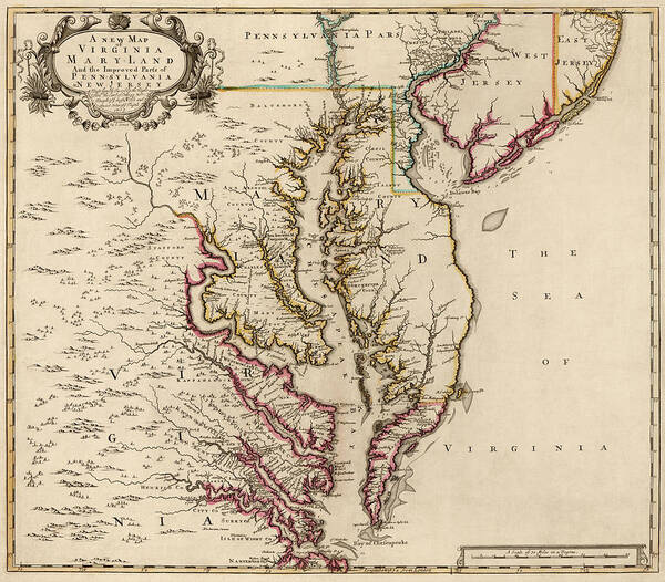 Maryland Map Poster featuring the drawing Antique Map of Maryland and Virginia by John Senex - 1719 by Blue Monocle
