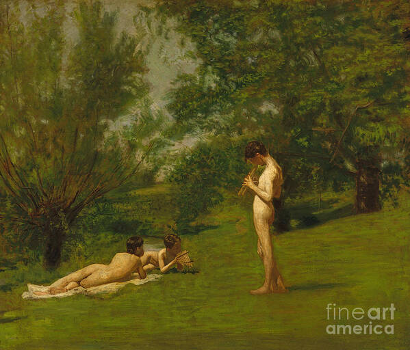 Outdoors; Garden; Nude; Boys; Relaxing; Rural; Music; Pan Pipes; Rest; Summer; Child; Boy; Classical; Mythology; Resting; Leisure; Male Poster featuring the painting Arcadia circa 1883 by Thomas Cowperthwait Eakins