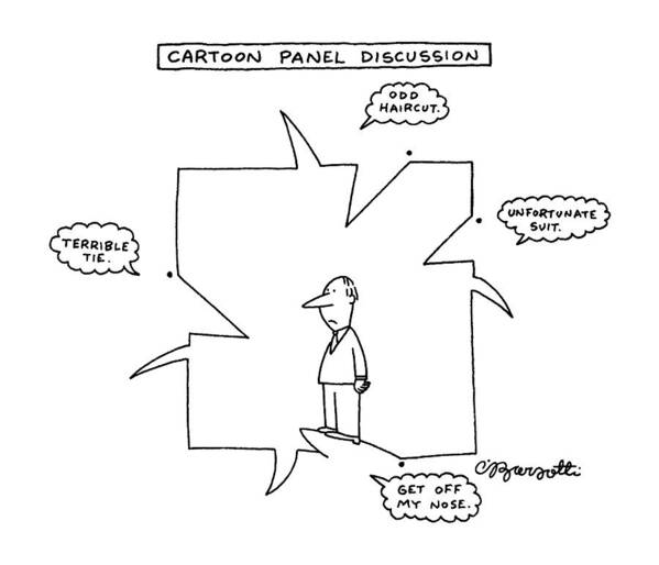 
Cartoon Panel Discussion: Title. Little Man Stands Inside A Cartoon Panel Poster featuring the drawing Cartoon Panel Discussion by Charles Barsotti