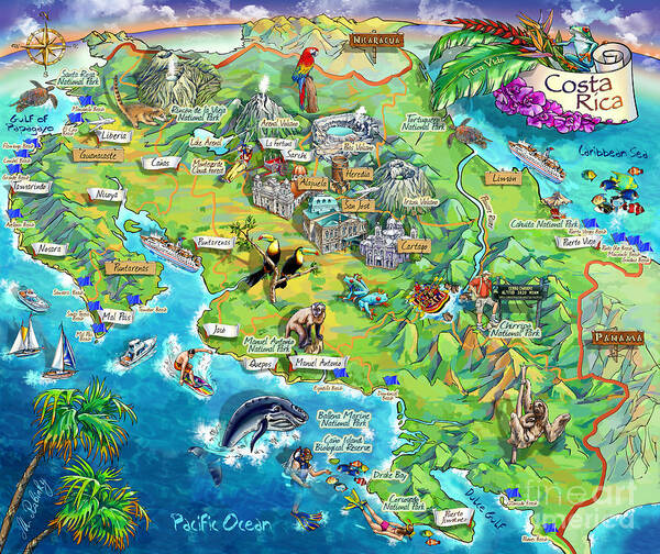 Costa Rica Poster featuring the painting Costa Rica map illustration by Maria Rabinky