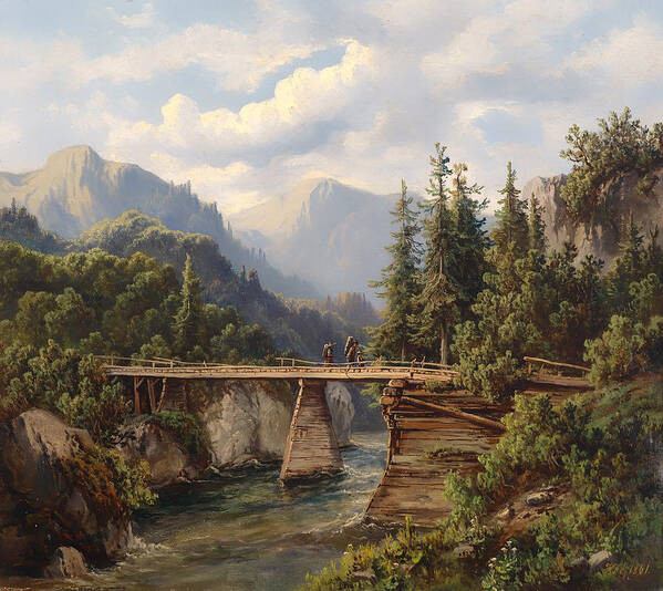Landscape Poster featuring the painting Crossing the River Bridge by Mountain Dreams