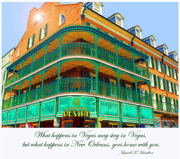 Hotel Poster featuring the digital art Hotel on Bourbon Street New Orleans Louisiana by A Macarthur Gurmankin