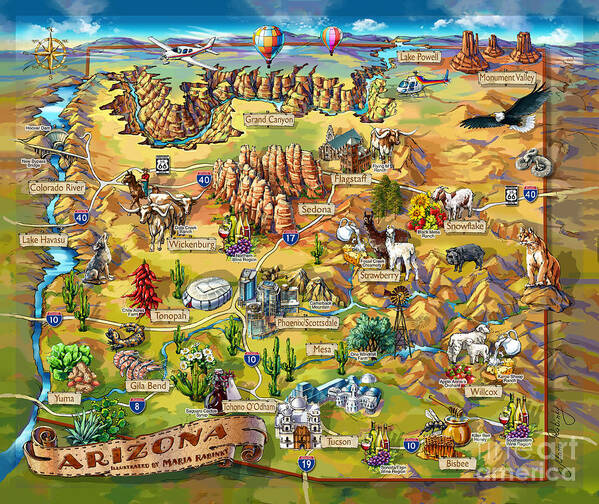 Arizona Map Poster featuring the painting Illustrated Map of Arizona by Maria Rabinky