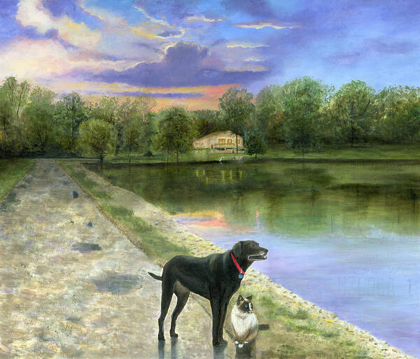 Jessica's Mystery Original Oil Painting Canvas Purple Blue Sky Clouds Sun Set Sunset Beautiful Cecilia Brendel Black Labrador Dog Lab Kitten Cat Portrait Home House Lake Front Thomas Kinkade Jessica's Mystery Trees Reflection Long Road Water Woods Green Gary Koen's Home Waterloo Illinios Thomas Kinkade Cecilia Brendel Poster featuring the painting Jessica's Mystery by Cecilia Brendel