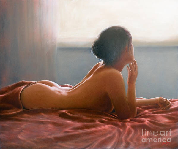 Nude Erotic Art Oil Painting Acrylic Charcoal Pastel Chalk Female Sensual Sexy Bondage Rope Legs Breasts Naked Bottom Lingerie Corset Bra Knickers Pants Stockings Sex Sexy Poster featuring the painting Morning light by John Silver