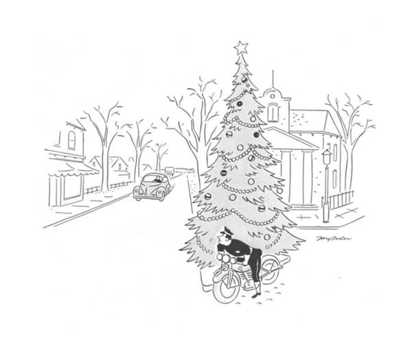 112347 Mba M. K. Barlow Traffic Cop Hiding Behind Christmas Tree. Action Arrest Automobiles Autos Behind Car Cars Catch Christmas Claus Cop Cops Drive Driving Enforcement Hiding Holidays Law Nypd Police Policeman Policemen Presents Santa Season Speeding Ticket Traf?c Trap Tree Poster featuring the drawing New Yorker December 19th, 1942 by M. K. Barlow