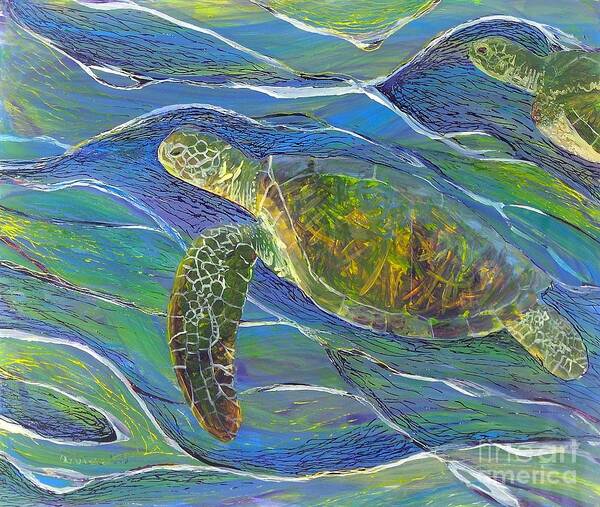 Turtle Poster featuring the painting Ocean Gliders by Anna Skaradzinska