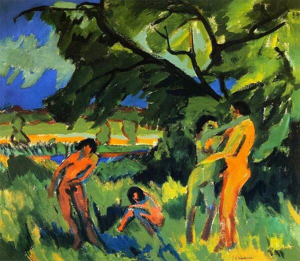 1910 Poster featuring the painting Playing nudes under trees by Ernst Ludwig Kirchner