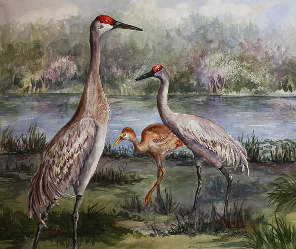 Sandhill Cranes Poster featuring the painting Sandhill Cranes On Alert by Roxanne Tobaison