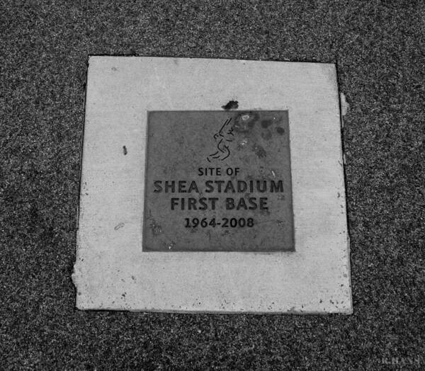 Shea Stadium Poster featuring the photograph SHEA STADIUM FIRST BASE in BLACK AND WHITE by Rob Hans
