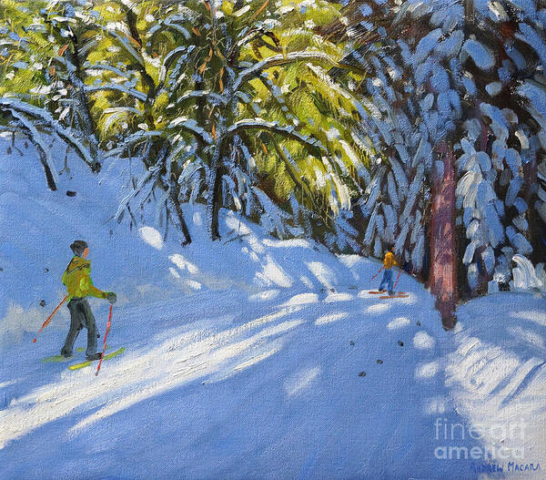Winter Poster featuring the painting Skiing through the Woods La Clusaz by Andrew Macara