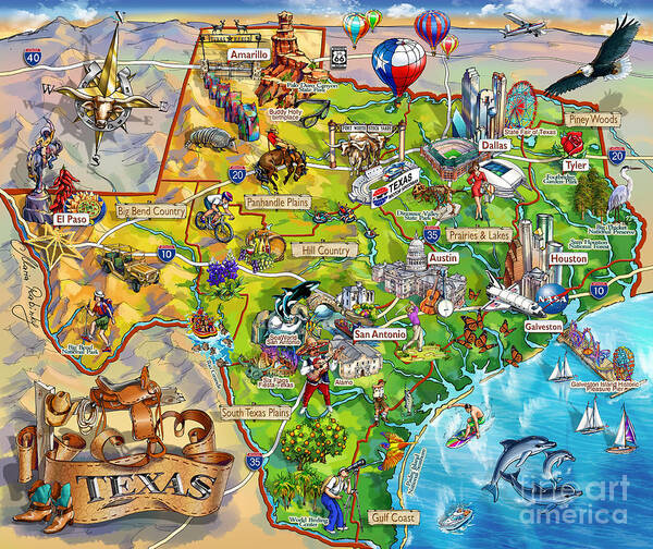 Texas Poster featuring the painting Texas Illustrated Map by Maria Rabinky