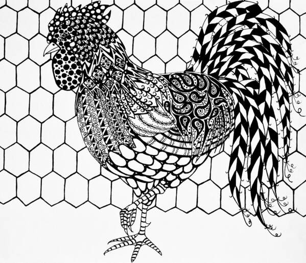 Rooster Poster featuring the drawing Zentangle Rooster by Jani Freimann