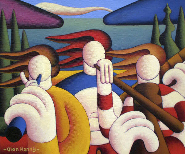 White Poster featuring the painting White Soft Musicians In Landscape by Alan Kenny