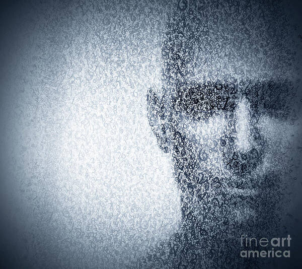 Hacker Poster featuring the photograph Man face blended with binary code digits. Concept of hacker, data protection etc. #1 by Michal Bednarek