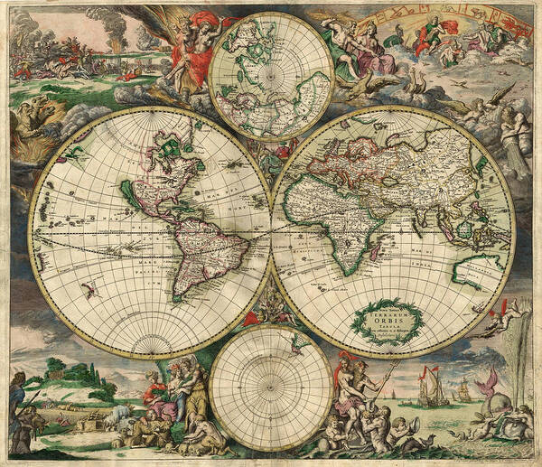 Antique Map Of The World Poster featuring the painting Antique Map Of The World - 1689 by Marianna Mills