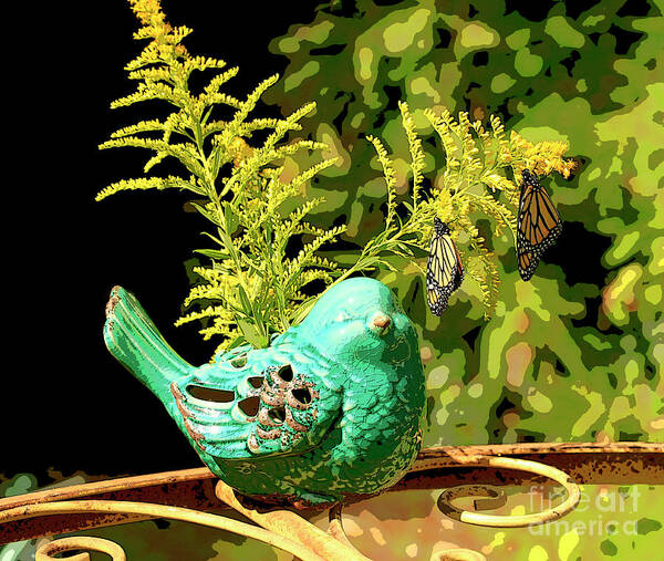 Teal Ceramic Bird Poster featuring the photograph Artistic Teal Bird And Butterflies by Luana K Perez