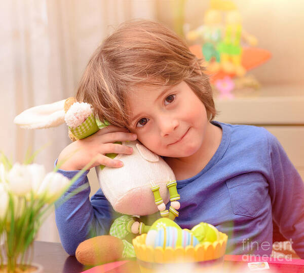 Active Poster featuring the photograph Cute boy with Easter bunny by Anna Om
