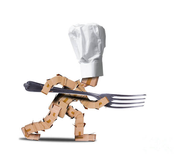 Kitchen Poster featuring the digital art Cute chef box character with big fork by Simon Bratt