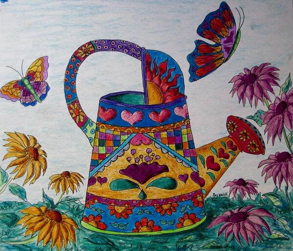 Still Life Poster featuring the drawing Decorative watering can by Megan Walsh