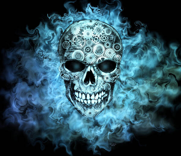 Digital Art Poster featuring the digital art Flaming Steampunk Skull by Artful Oasis