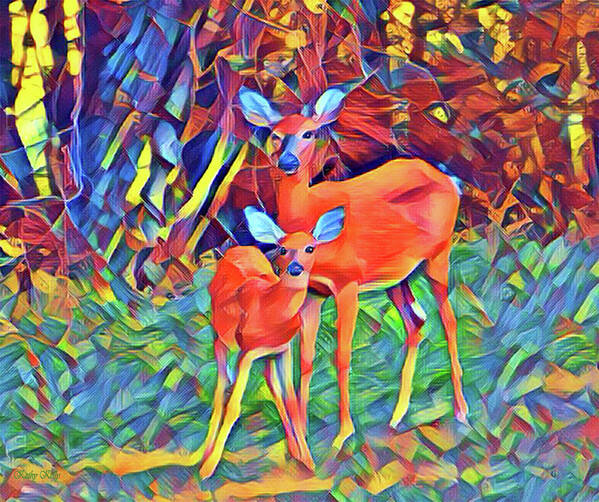 Whitetail Deer Poster featuring the digital art Forest Doe and Fawn by Kathy Kelly