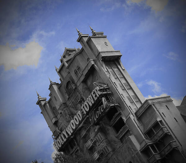Walt Disney World Hollywood Studios Tower Of Terror Black And White Blue Sky Poster featuring the pyrography Hollywood Studio's Tower Of Terror by AK Photography