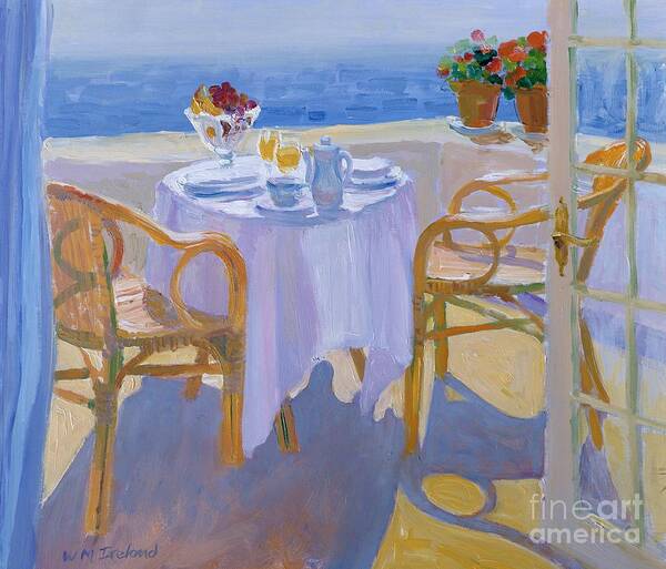 Mediterranean Sea; Terrace; Breakfast Table; Summer; Holiday; Vacation; Balcony; Coast; Coastal; Sunlight; Leisure; Lifestyle; Idyllic; View; Curtain; Glass; Glasses; Plate; Plates; Cup; Bowl; Fruit; Orange Juice; Pot; Pots; Flower; Flowers ; Chair; Chairs Poster featuring the painting In the South by William Ireland
