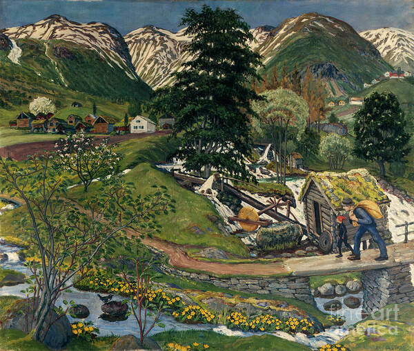 Nikolai Astrup Poster featuring the painting Kvennagong and Joelster yard by Nikolai Astrup