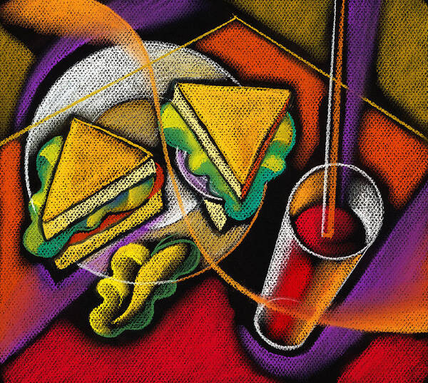 Bowl Close Up Color Image Concept Convenience Dinner Food And Drink Fork Grape Hamburger Illustration Illustration And Painting Lunch Macaroni Macaroni And Cheese Nobody Sandwich Square Image Still Life Variety Assortment Bread Close-up Color Colour Cutlery Drawing Food Fruit Ground Beef Meal Mince Pasta Square Still-life Abstract Painting Decorative Art Poster featuring the painting Lunch by Leon Zernitsky