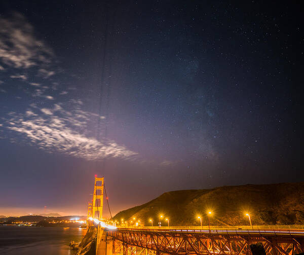 Golden Gate Bridge Poster featuring the photograph Milky way over Golden gate bridge by Asif Islam