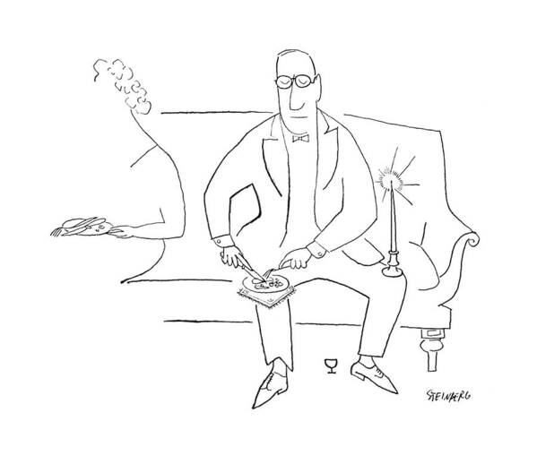 95556 Sst Saul Steinberg (man At Party Has Plate Of Food On One Knee And A Lighted Candle On The Other Knee.) Aesthetics Candle Casual Cocktail Dining Eating Events Food Formal Gatherings Inconvenience Introductions Knee Leisure Lighted Man Mingling One Other Party Plate Social Socializing Poster featuring the drawing New Yorker November 11th, 1950 by Saul Steinberg