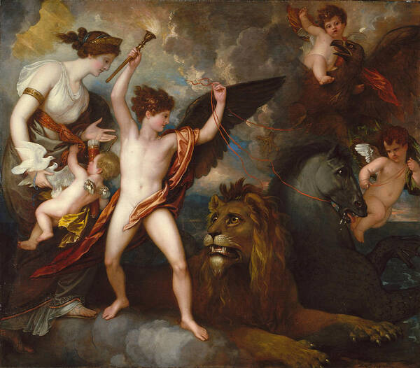 Benjamin West Poster featuring the painting Omnia Vincit Amor or The Power of Love in the Three Elements by Benjamin West