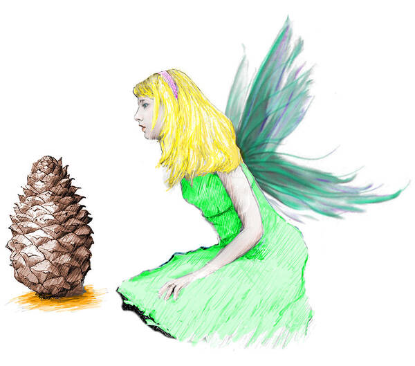Fairy Poster featuring the digital art Pine Tree Fairy and Pine Cone by Yuichi Tanabe