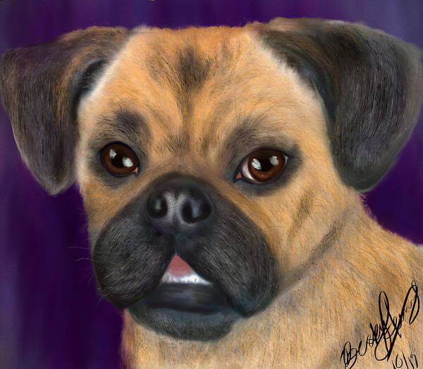 Purple Pug Portrait Poster featuring the painting Purple Pug Portrait by Becky Herrera