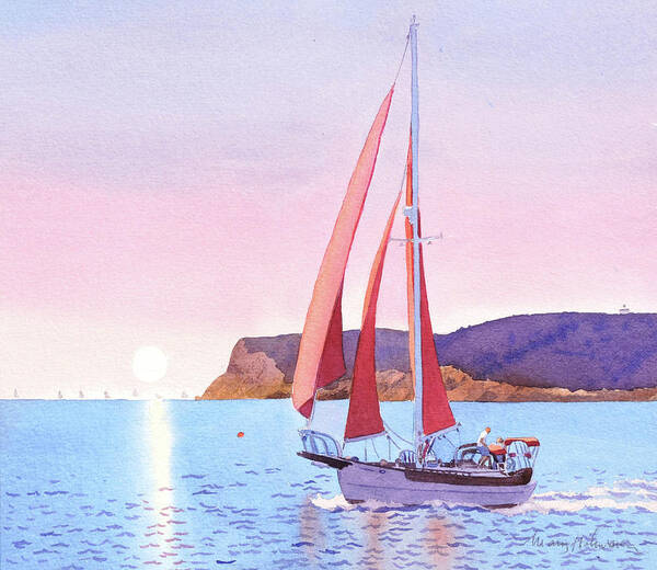 Sail Boat Poster featuring the painting Red Sails in the Sunset Pt Loma by Mary Helmreich