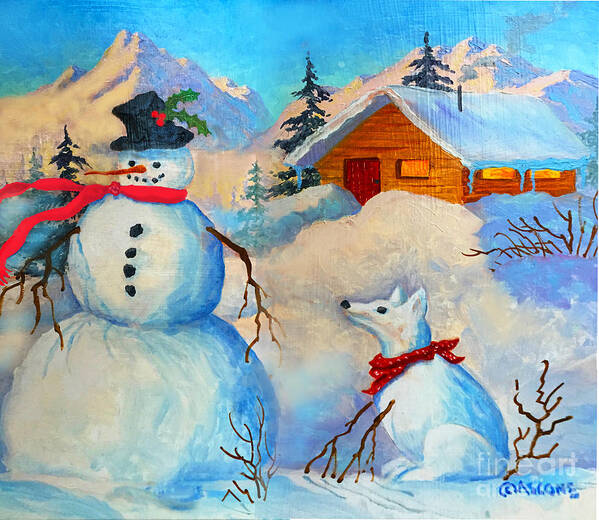Snowman And Fido Poster featuring the painting Snowman and Fido by Teresa Ascone