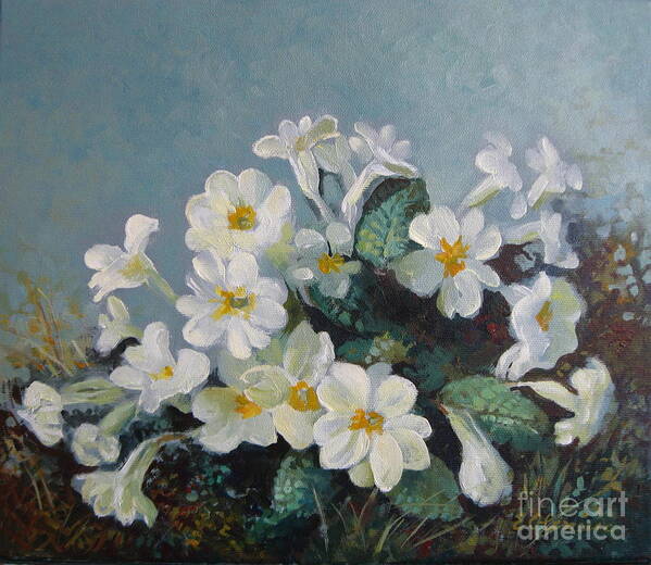 Primroses Poster featuring the painting Spring blooms by Elena Oleniuc