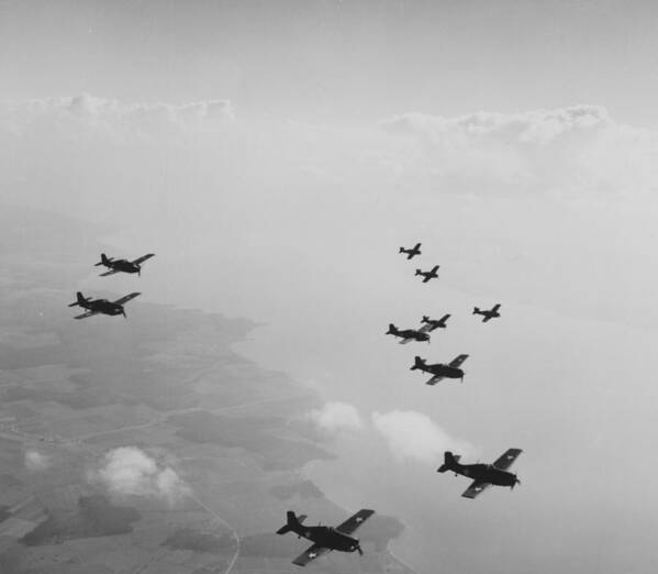 Plane Poster featuring the photograph Ten Wildcats In Flight Over The Coast by American School